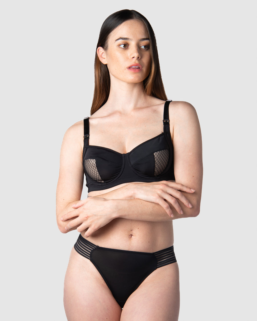 Complete attire: Emily, proud mother of 1, showcasing the Enlighten Balconette maternity, nursing, and breastfeeding bra in 10/382D from Hotmilk Lingerie UK, offering flexiwire support for unmatched comfort and style