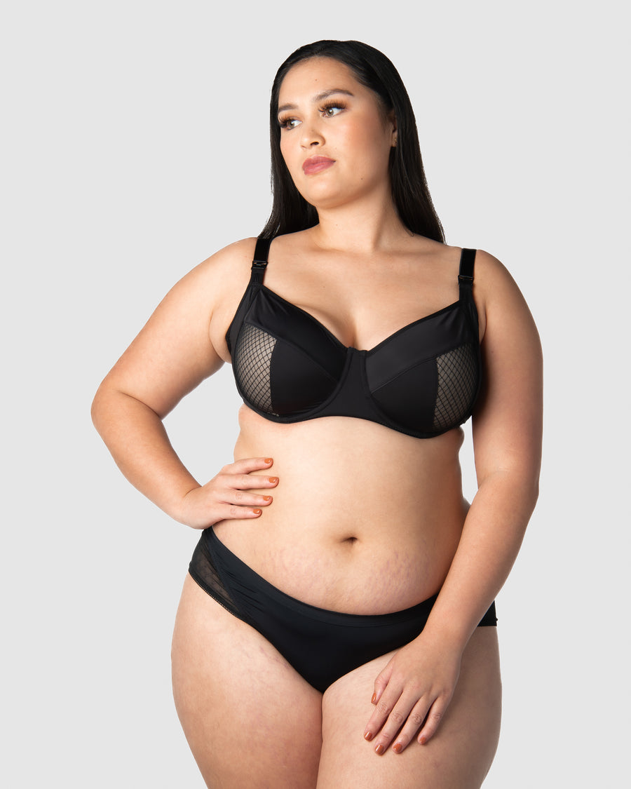 Total look: Tiare, mother of 2, adorning the Enlighten Balconette maternity, nursing, and breastfeeding bra in 16/38F from Hotmilk Lingerie UK, delivering flexiwire support for unparalleled comfort and style