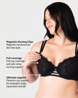 Discover the Key Features of Hotmilk Lingerie's True Luxe  Black Maternity and Nursing Bra. Experience the Sensual Comfort of Flexi Underwire, Elevating Your Maternity Wardrobe to a New Level of Style and Functionality