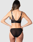 The style of Hotmilk Lingerie's Warrior Plunge Nursing Bra extends beyond with captivating graphic lace feature on the back. With 6 rows of eye and hooks, this design accommodates the dynamic changes in a pregnancy and postpartum body, providing flexibility and comfort