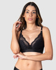 Kami, a mama of two, relishes the comfort and lift provided by Hotmilk's Warrior Plunge Black Flexiwire Maternity and Nursing Bra. With its plunging neckline, stylish graphic lace accentuating a half contour cup, this bra seamlessly combines allure with functionality. The inclusion of magnetic nursing clips adds a contemporary touch to this innovative nursing bra