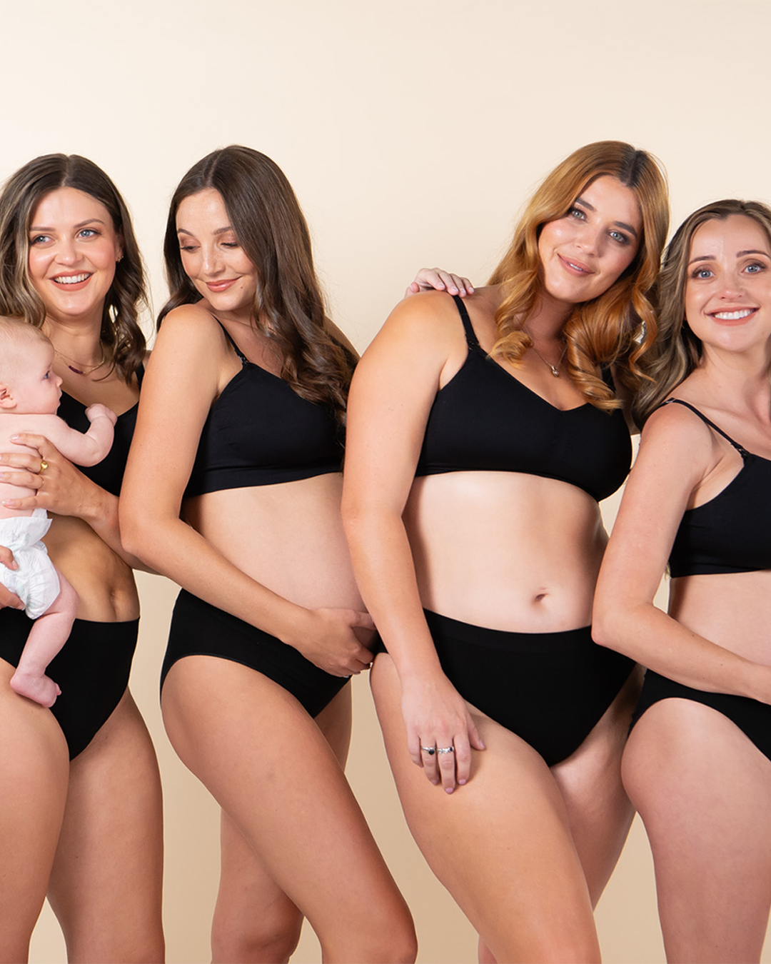 Four women wearing Hotmilk nursing and maternity bras — pregnant, postpartum, breastfeeding