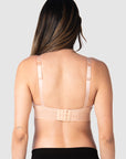 Kami, expecting mother of 2, demonstrating the versatile standard or convertible racerback feature of Hotmilk UK's Ambition T-Shirt Wirefree nursing and maternity bra in shell pink, designed for maternity, nursing, and breastfeeding comfort