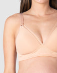 Close-up view of Kami, pregnant mother of 2, highlighting the exquisite fabric and intricate details of HOTMILK UK's AMBITION T-SHIRT WIREFREE nursing and maternity bra in elegant maple, designed for maternity, nursing, and breastfeeding needs