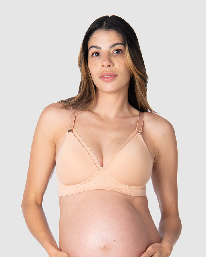 Kami, pregnant mother of 2, showcasing the comfort and style of HOTMILK UK nursing and maternity bra - AMBITION T-SHIRT WIREFREE in maple, perfect for breastfeeding