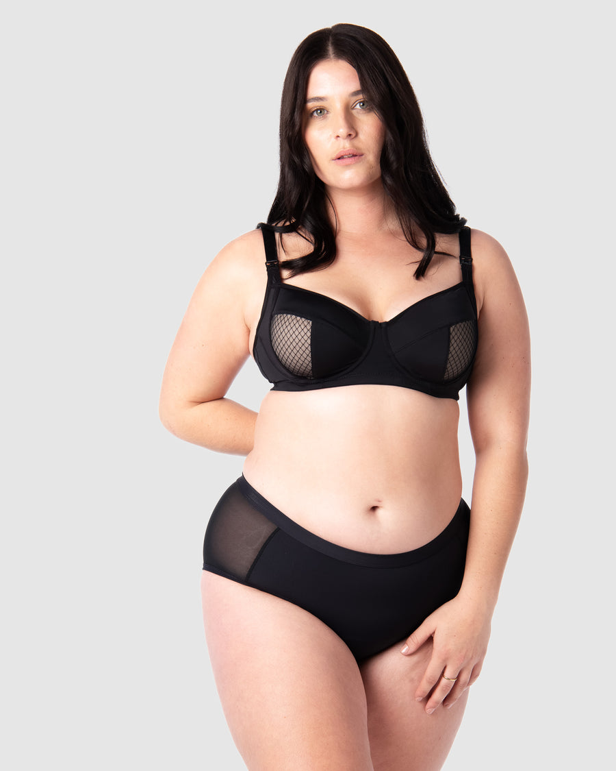 Complete ensemble: Olivia donning Hotmilk Lingerie UK's Enlighten Balconette maternity, nursing, and breastfeeding bra in 14/36D, providing flexiwire support for maximum comfort and style