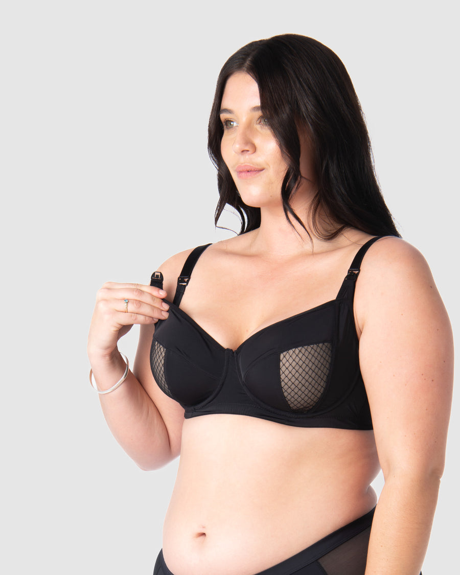 Close-up of Model Olivia showcasing the nursing clip functionality of Hotmilk Lingerie UK's Enlighten Balconette maternity, nursing, and breastfeeding bra, designed for practicality and style