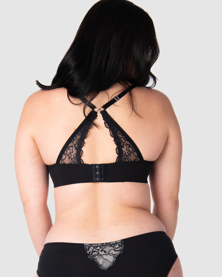 The Temptation Black Maternity and Nursing Bra features fully adjustable straps and a convertible racerback, providing versatile support to match your preferred style. With a sultry lace back, Hotmilk Lingerie are experts in crafting nursing bras that combine sexiness and functionality