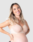 Delicately sheer lace over cotton-lined cups exudes a sense of elevated elegance in this maternity and nursing bra, designed for all-day wear. Grace, an expectant mother of 2, wears Hotmilk's Temptation in Powder. The flexi underwire ensures cup support and shaping, making it an ideal choice for the wedding and party season