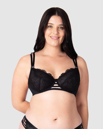 Hotmilk redefines luxury in maternity and nursing bras with the True Luxe collection. Experience true opulence with the luxuriously refined large floral lace nursing bra. It features exquisite twin strap detailing, semi-sheer full cup coverage, and flexi underwire support, all complemented by the added bonus of a plunging center. Embrace style and personality throughout your breastfeeding journey, without any compromise up to a J cup
