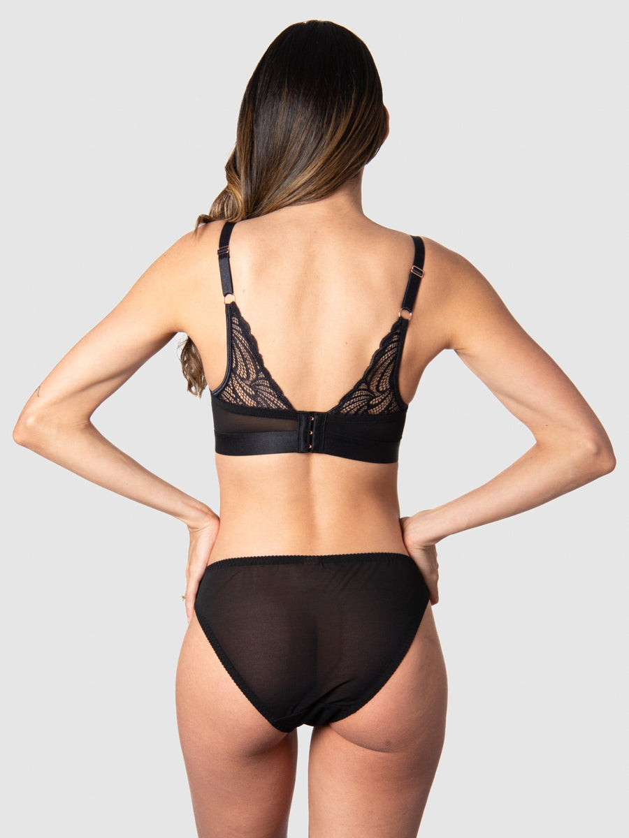 The style of Hotmilk Lingerie's Warrior Plunge Nursing Bra extends beyond with captivating graphic lace feature on the back. With 6 rows of eye and hooks, this design accommodates the dynamic changes in a pregnancy and postpartum body, providing flexibility and comfort