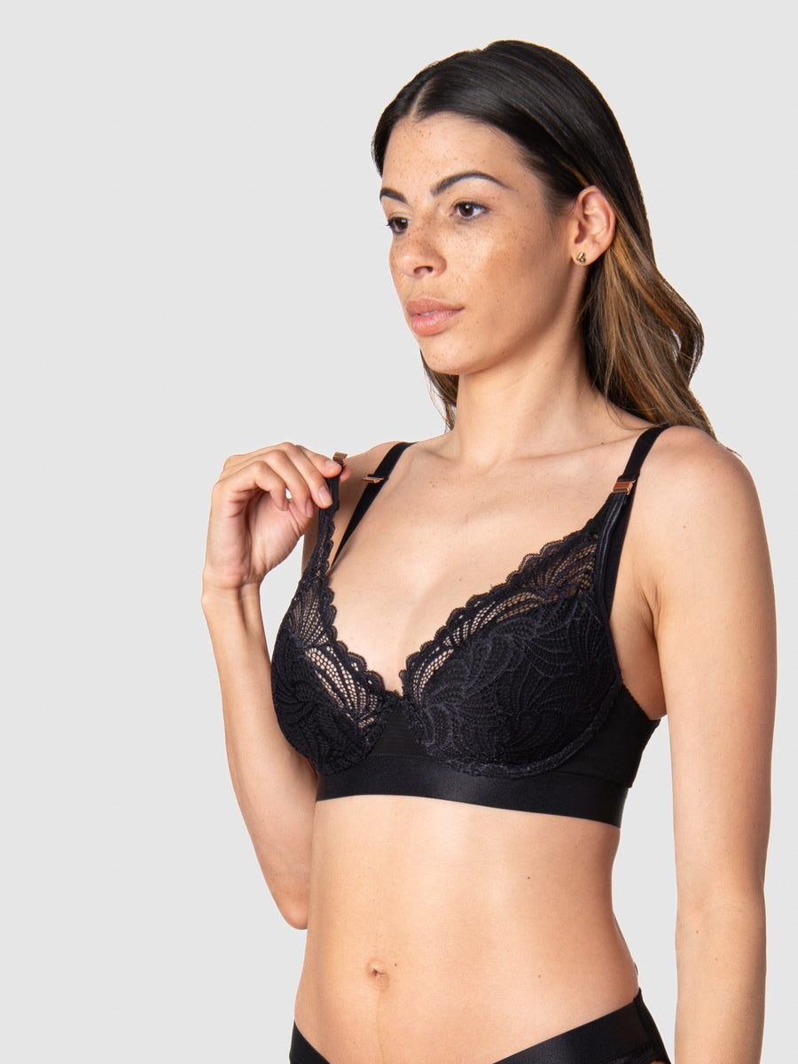 The ease of magnetic nursing clips on Hotmilk Maternity Warrior Plunge Nursing bra combines practically with style