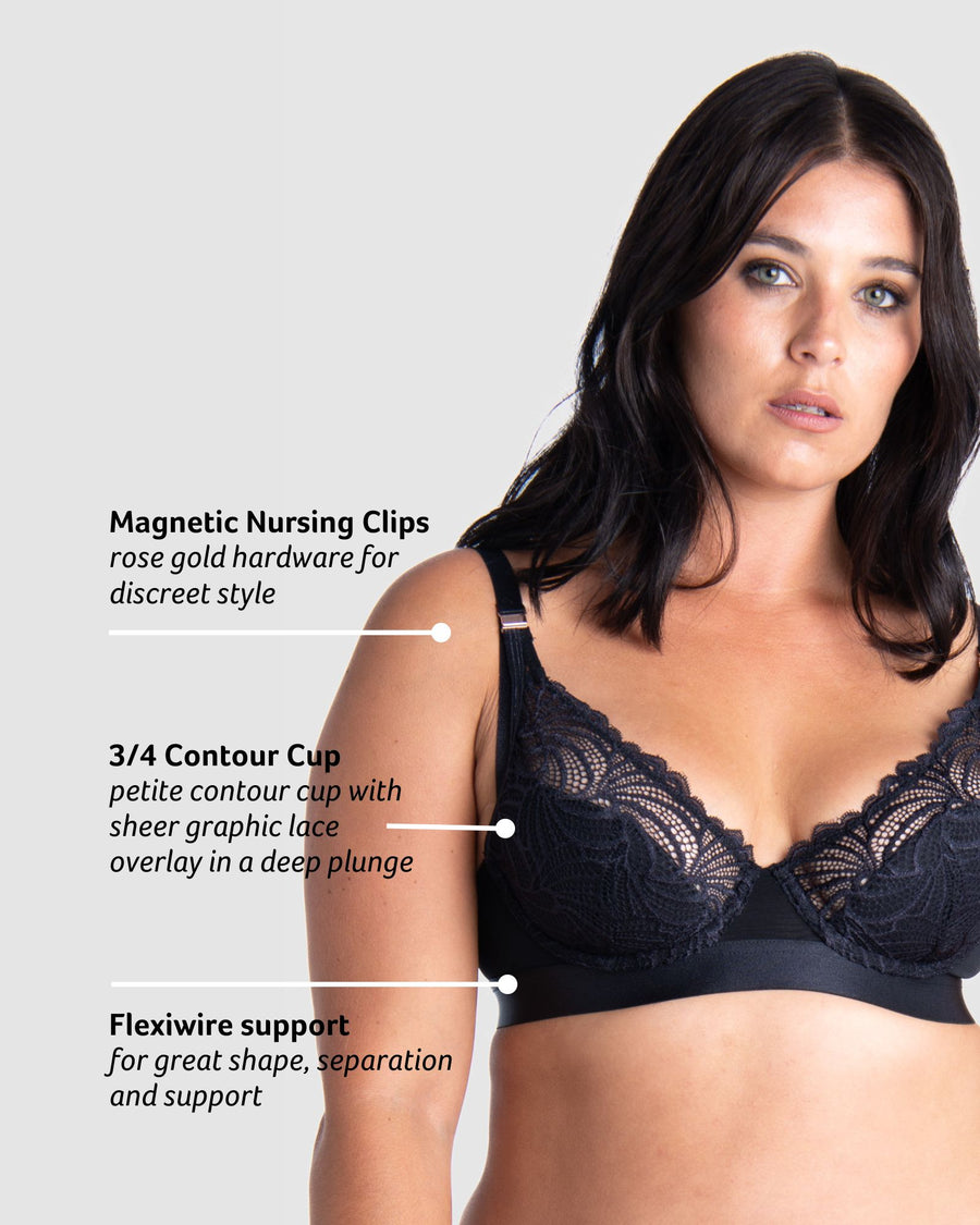 Discover the exceptional features of the Hotmilk Lingerie Warrior Plunge Nursing and Breastfeeding Bra in Black, showcased by Olivia. Explore the convenience of magnetic nursing clips, the support of contour cups, and the flexibility of flexi underwire—all integral elements of this stylish and functional bra