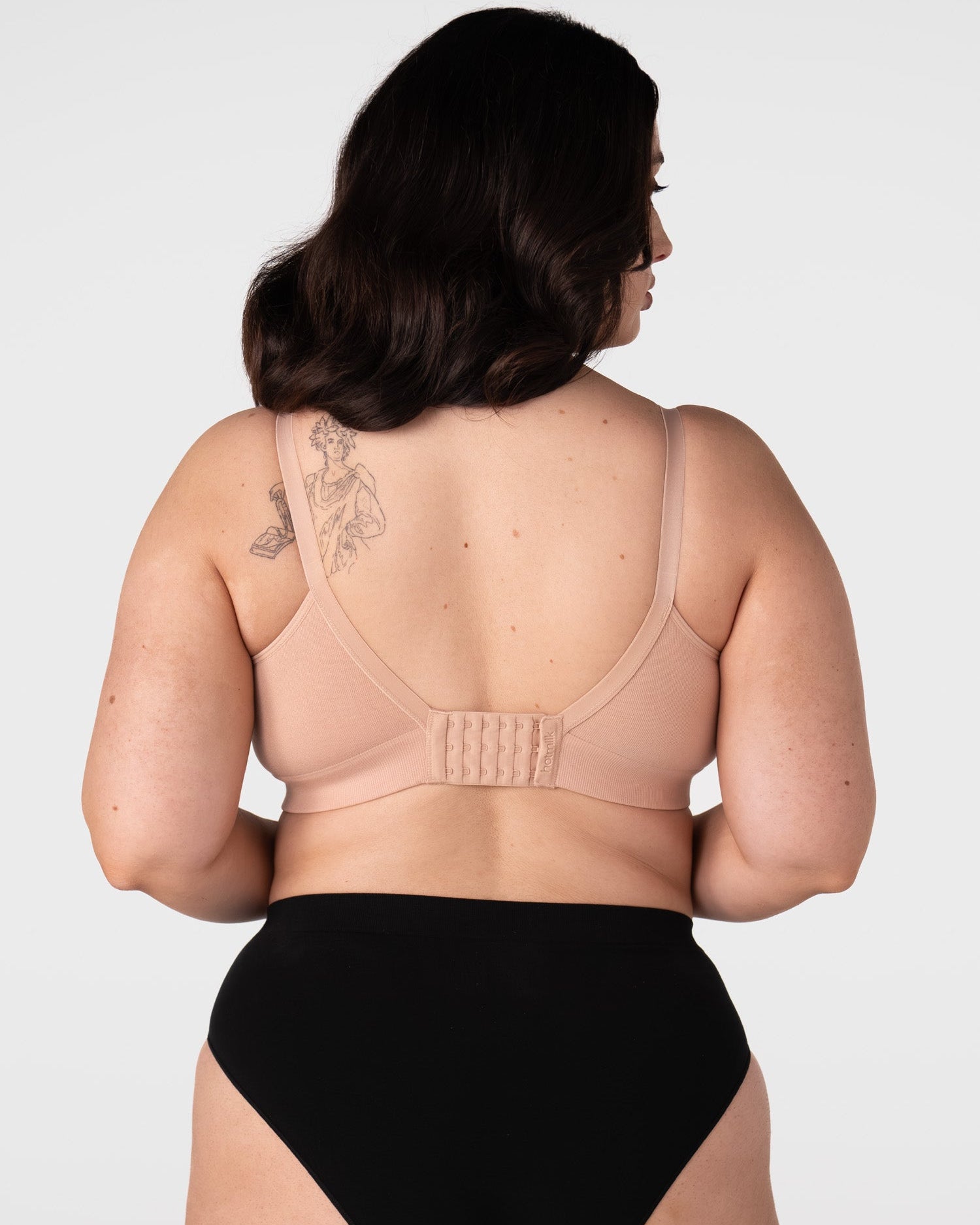 Hotmilk Caress FlexFit Nursing Bra in Cashmere Busty – back view showing 6-hook closure and smoothing side wings, medium support wirefree nursing bra for larger busts