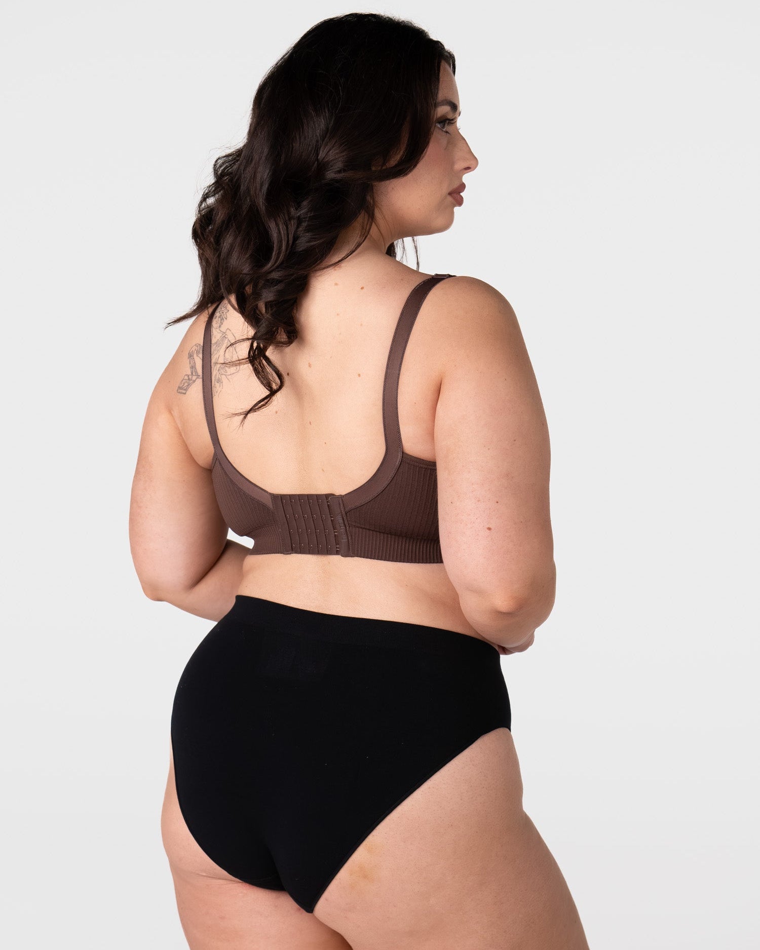 Side back view of My Everyday Busty wirefree breastfeeding bra in Chocolate with fully adjustable straps for fuller bust maternity support