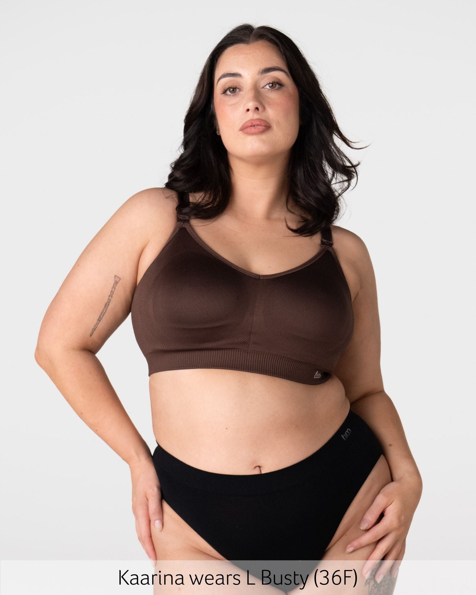 Kaarina wears Hotmilk My Everyday Busty seamless nursing bra in Chocolate, wirefree maternity bra for fuller busts F to J cup