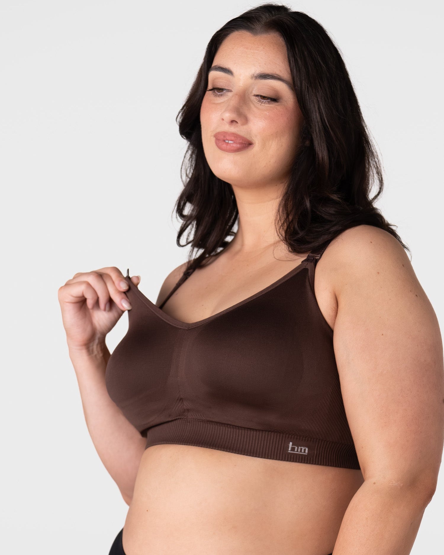 One-handed nursing clips on My Everyday Busty seamless breastfeeding bra in Chocolate with side sling for skin-to-skin contact